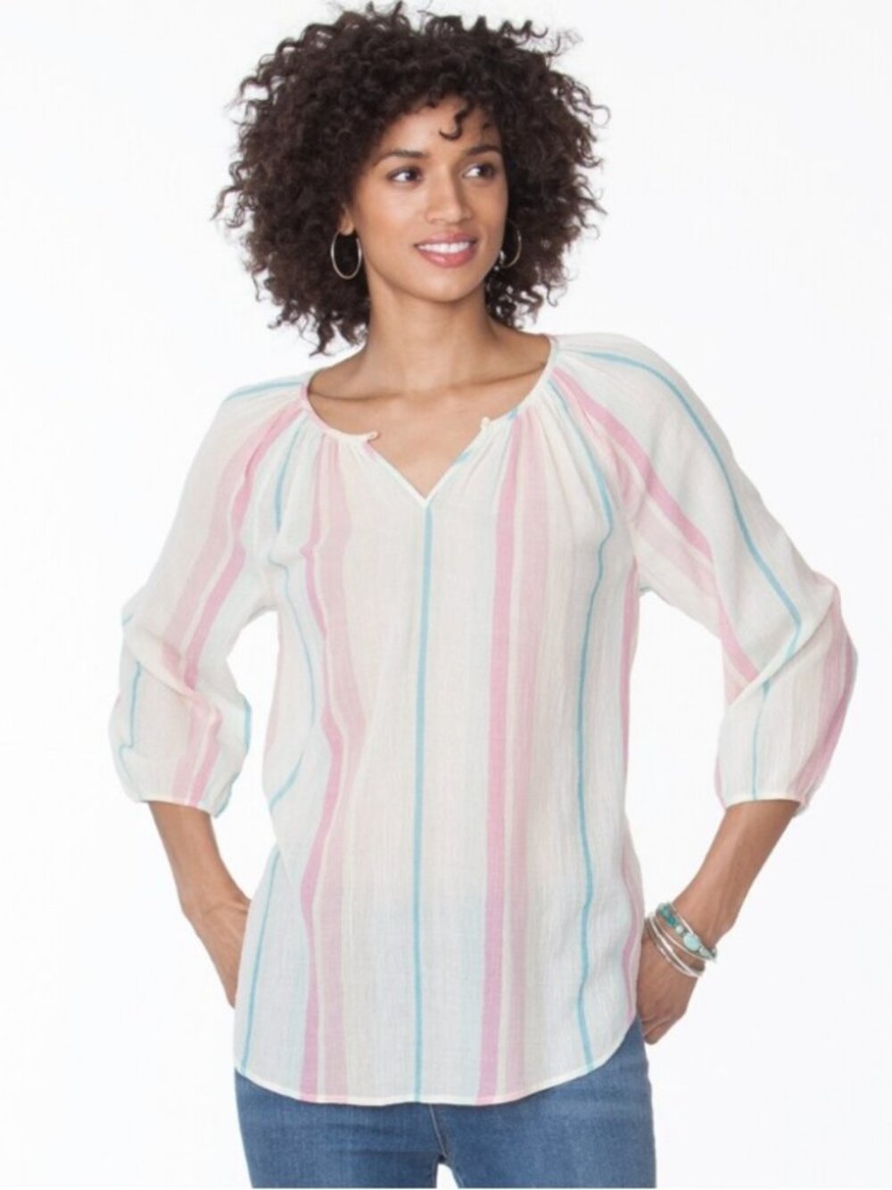 Chaps Crinkle Textured Cotton Stripe Top Lightweight Boho Peasant Coastal Medium